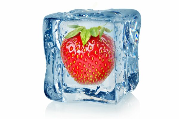 Strawberries in an ice cube