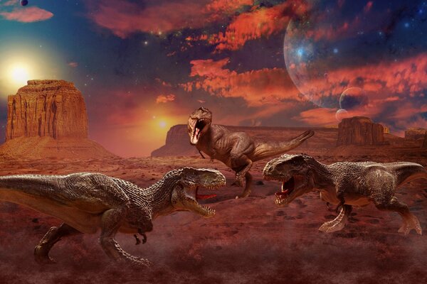 Futuristische Landschaft mit Tyrannosaurus Rex im Weltraum