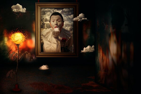 Art portrait of a mime in the clouds