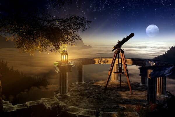 Telescope by the light of a lantern on the background of the moon