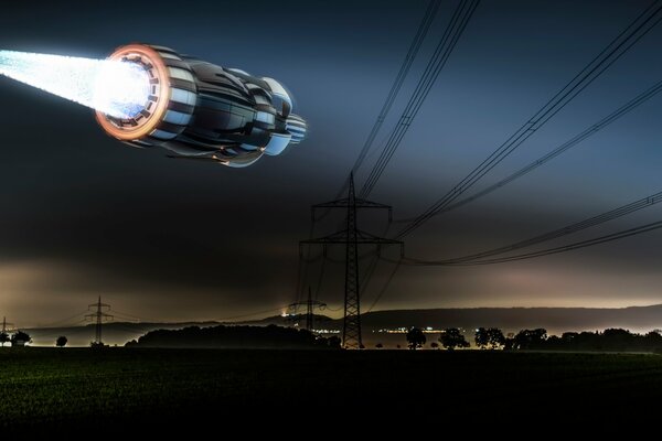 Flying UFO past the power line and at night