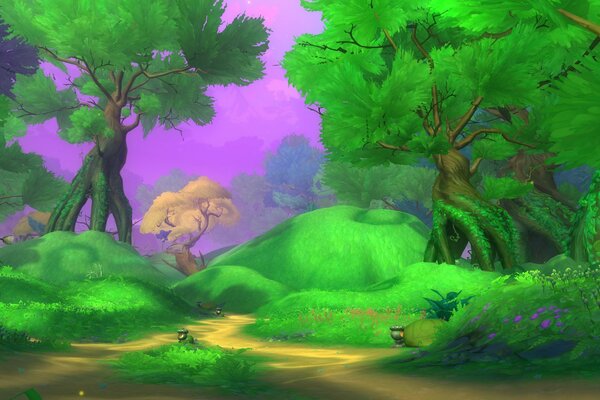 Cartoon landscape of bright green and purple colors