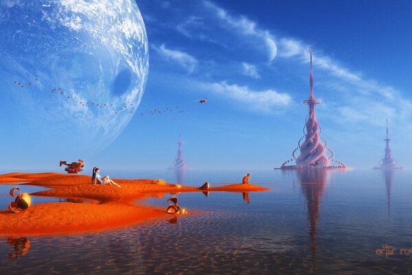 Una ragazza su un altro pianeta giace sulla sabbia vicino all acqua