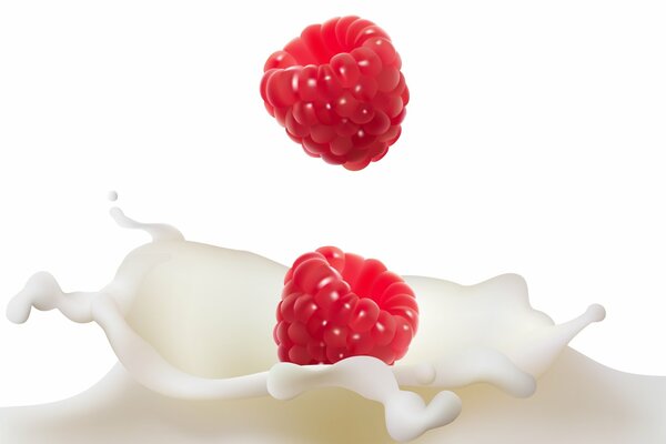 Две ягоды малины падают в молоко