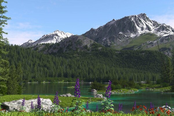 Mountain landscape with river, flowers and coniferous forest