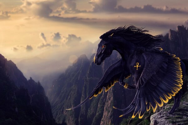 Черная лошадь с светящимися крыльями