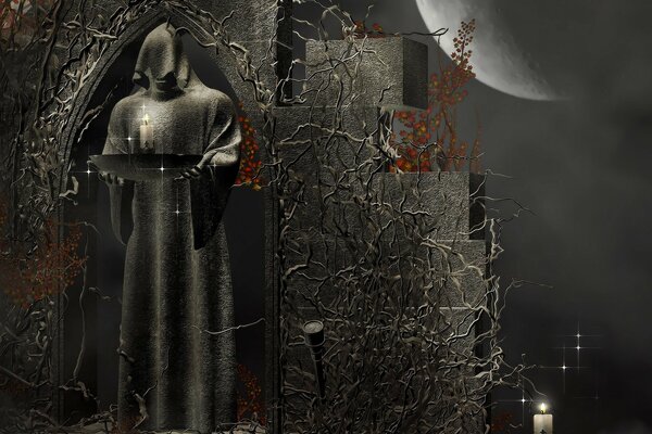 Fantasy. The figure of a priest in a hood with a candle
