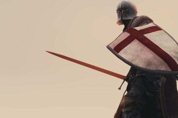 Воин в шлеме и доспехах с мечом на бежевом фоне