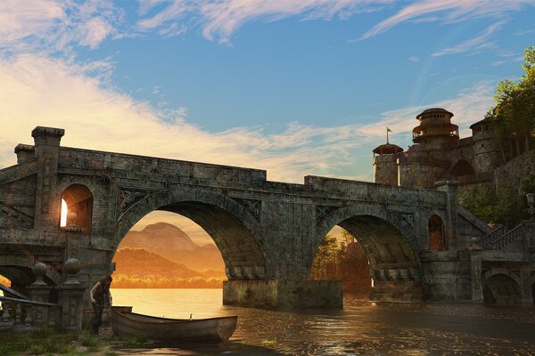 Ponte medievale sullo sfondo del tramonto e del fiume