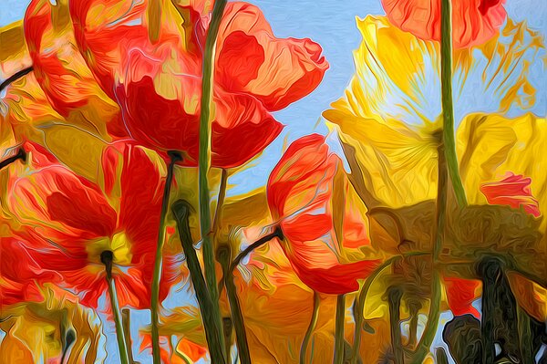 Peinture avec tulipes rouges et jaunes