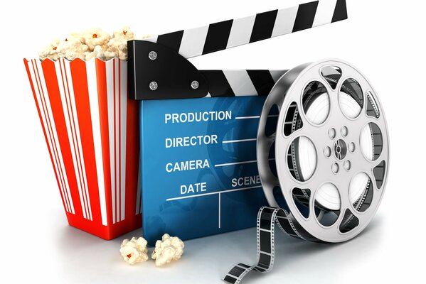 Film, reel, popcorn - a set for watching movies