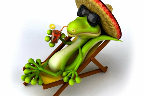 Crocodile on a chaise longue with glasses and a hat