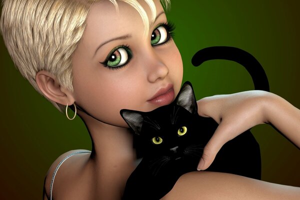 L image de la fille avec le chat noir