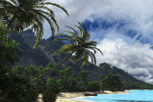 Tropical landscape palm trees sea clouds