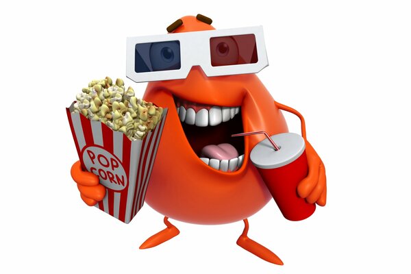 Мультфильм улыбающийся монстр чудовище в кино с попкорном в 3d