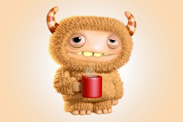 Pelziges geiles Monster mit Kaffeetasse