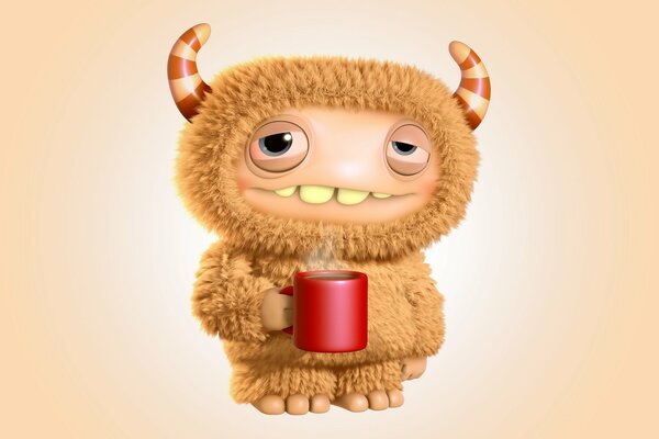 Furry horned monster with a coffee mug