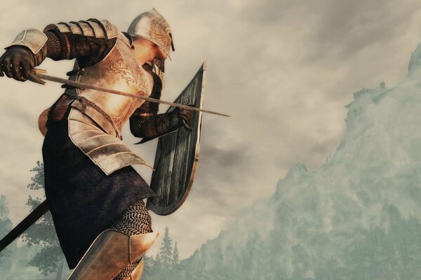 Воин в железной броне с мечом и щитом на фоне туманного леса
