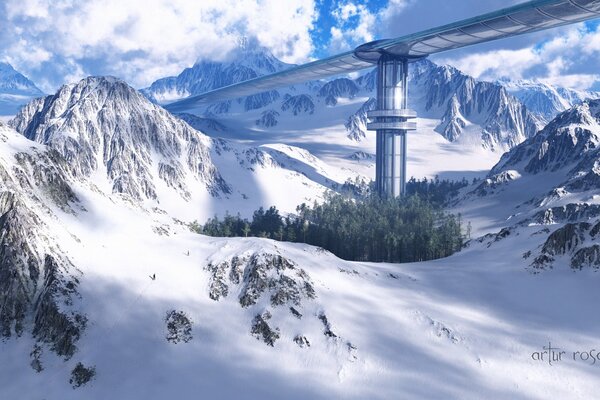 Mountains near the bridge on a snowy day