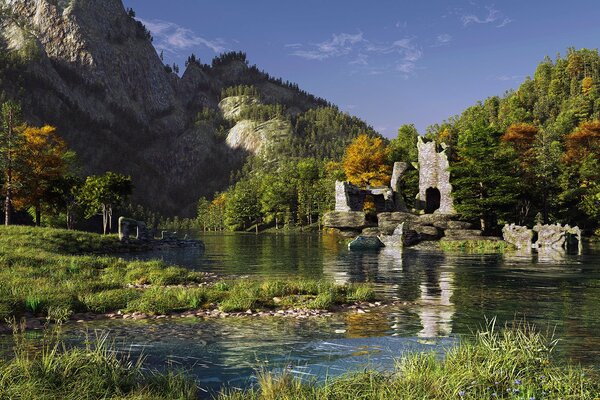 Les ruines du château sont sur le bord de la rivière