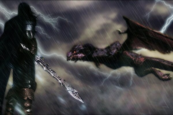 Воин с мечом в руках смотрит на летящего дракона
