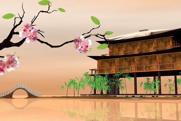 Orientalische Landschaften und Häuser auf dem Wasser