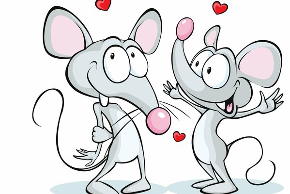 Two gray mice in love with pink noses