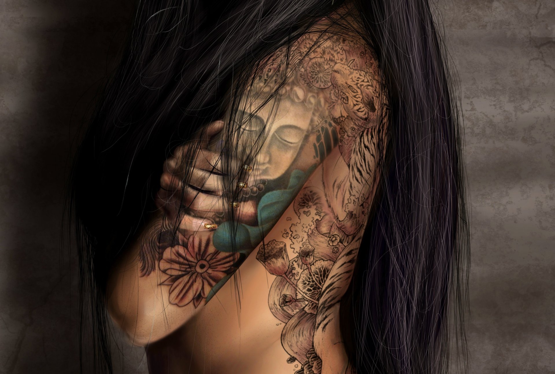 girl spin hand tattoos picture long hair background