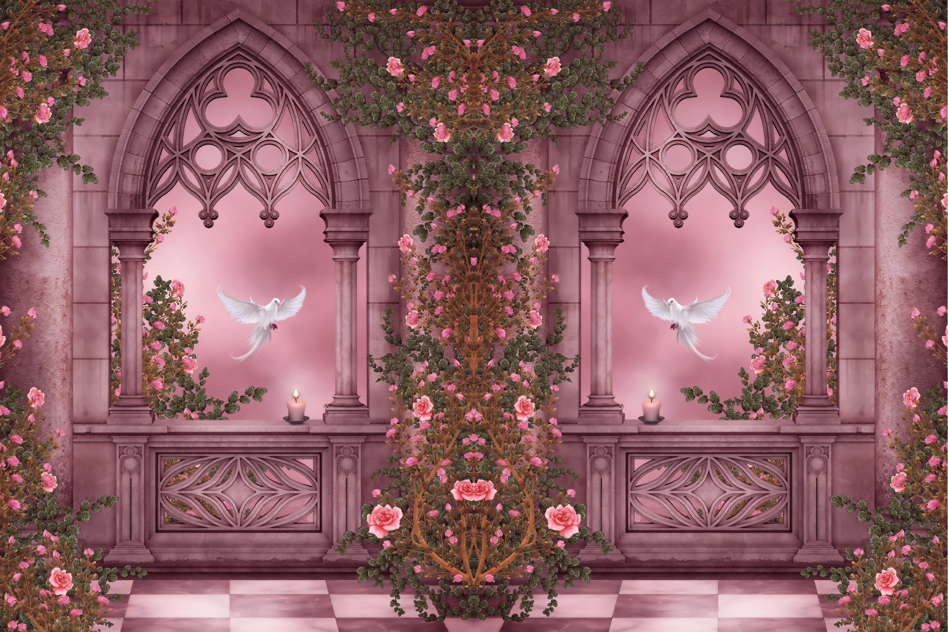 rose garden columns doves arches roses flowers garlands candles rose garden columns window