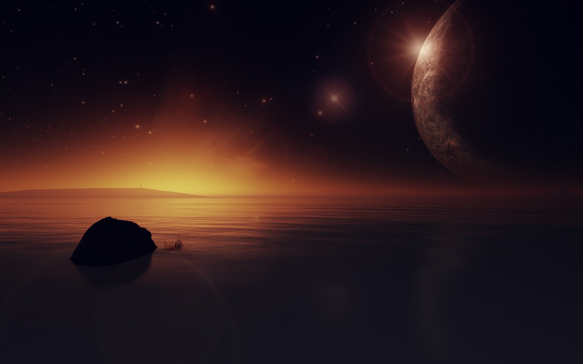 lake water star planet render sunset