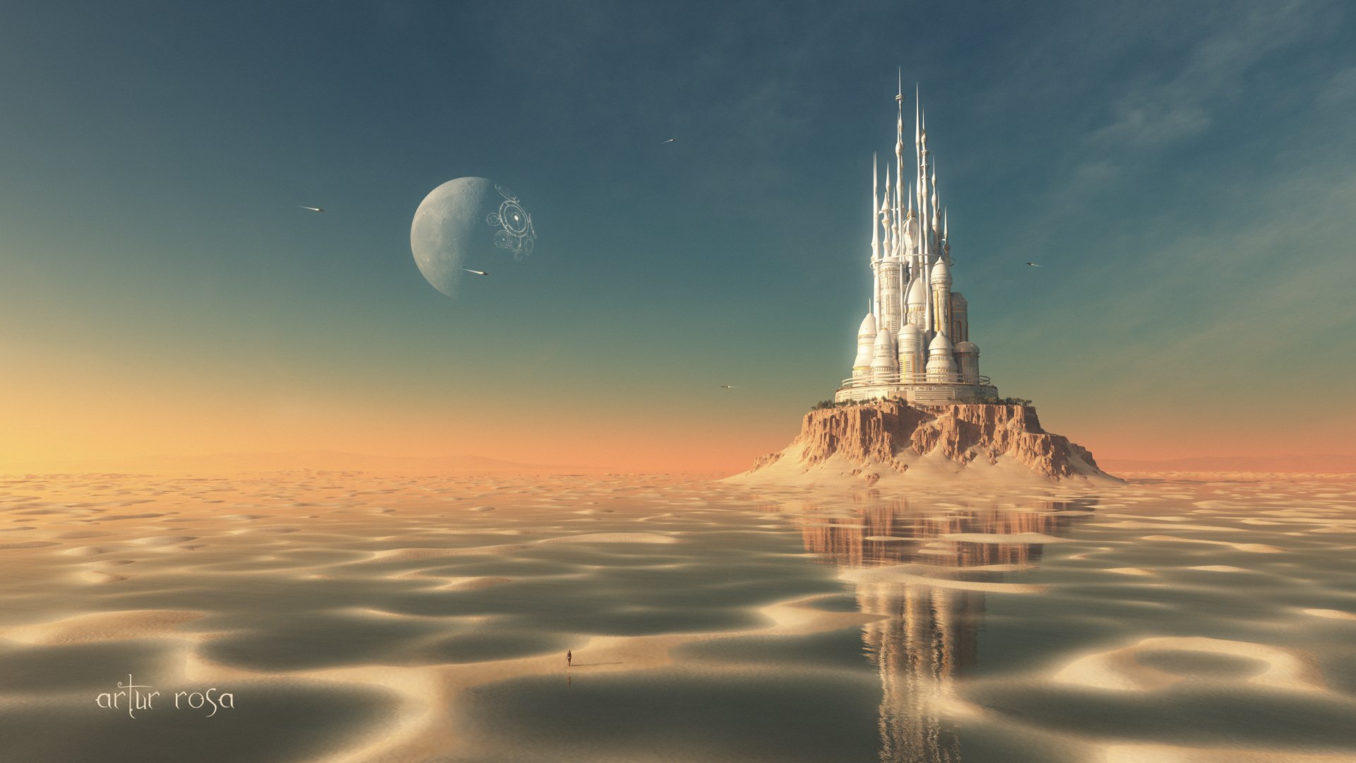 render island castle planet sand water stranded man ship