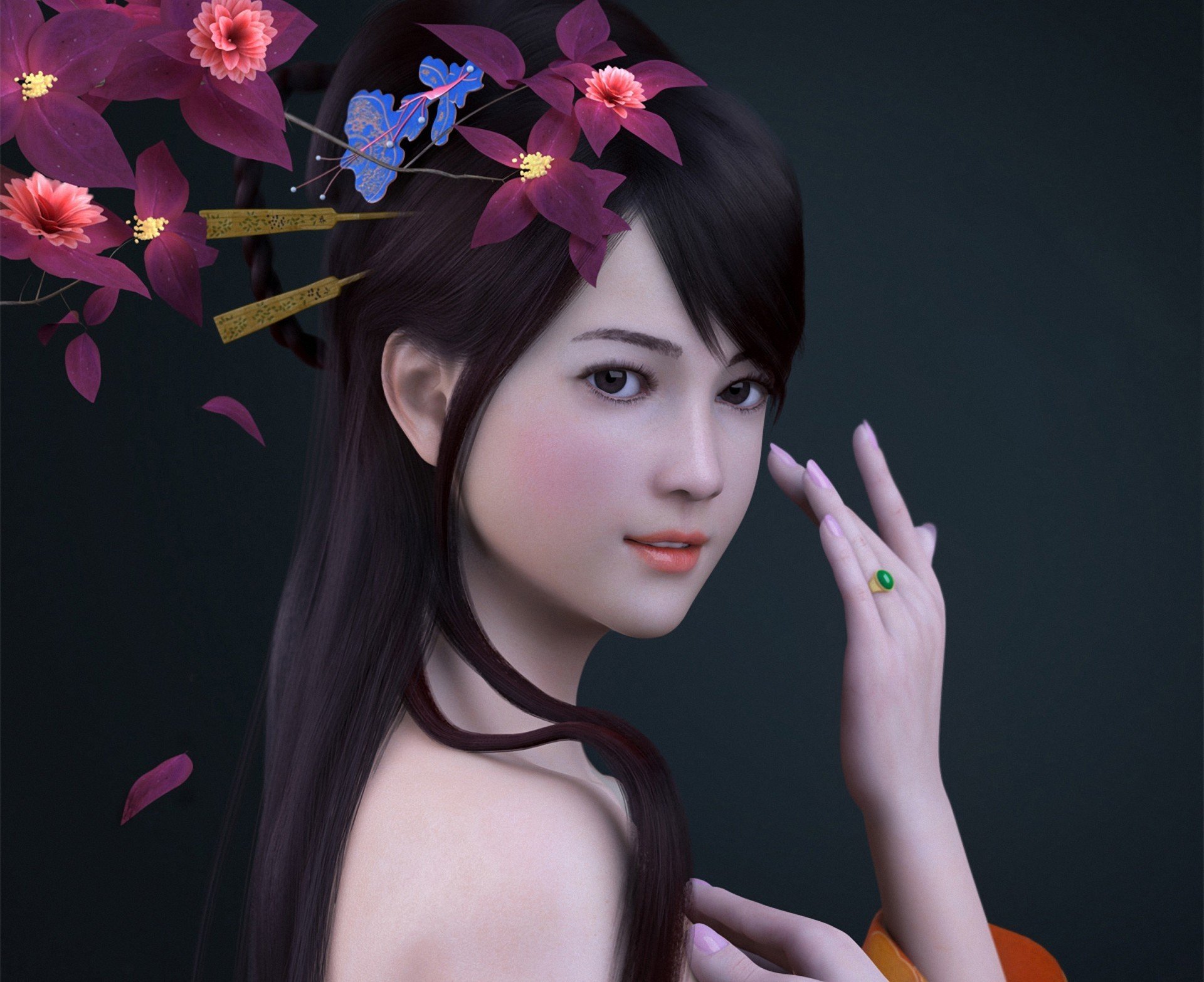 rendering zhang qiang ragazza asiatica mano fiori anello