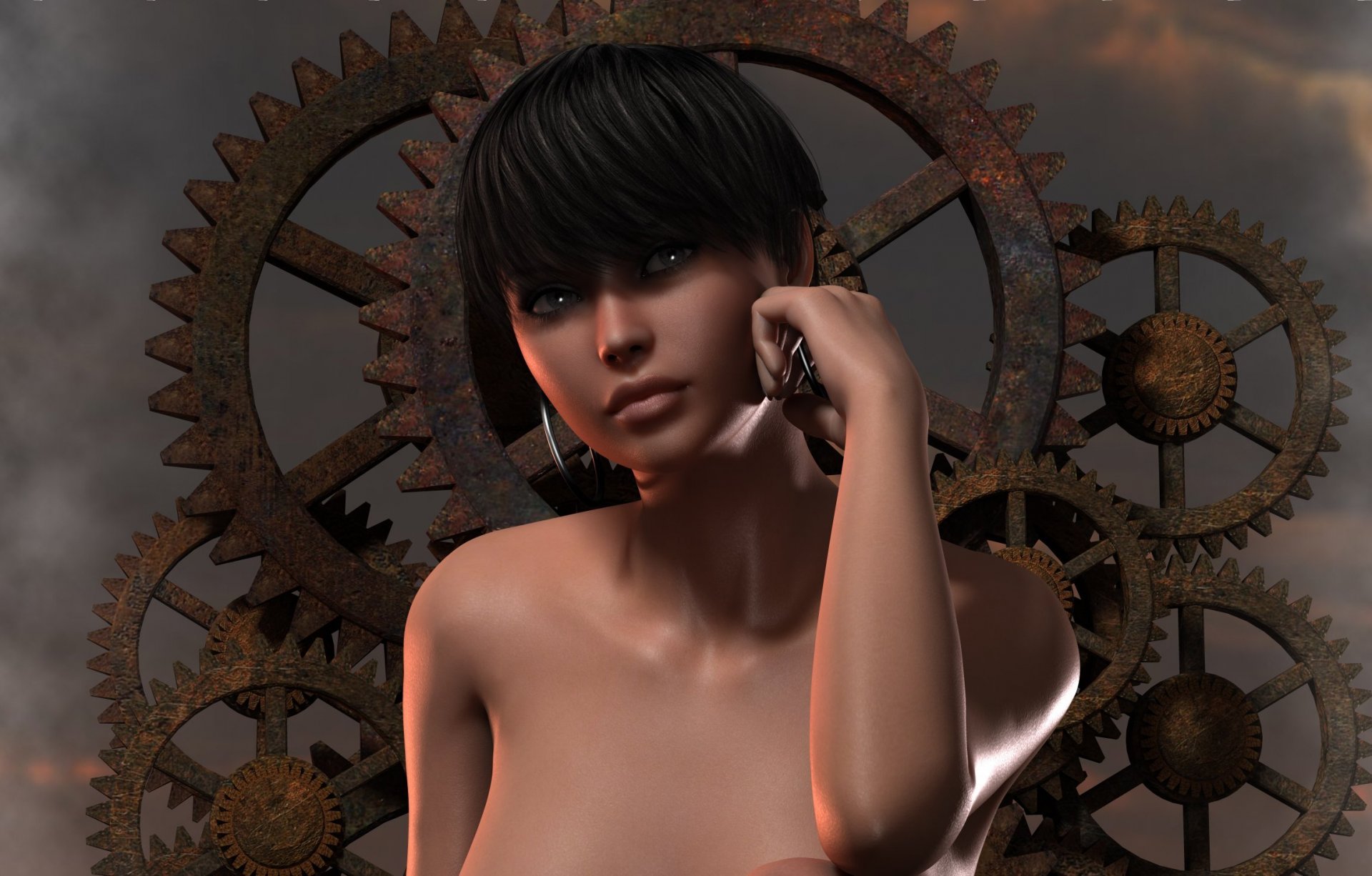 rendering girl view face hair earrings shoulders hands background gear