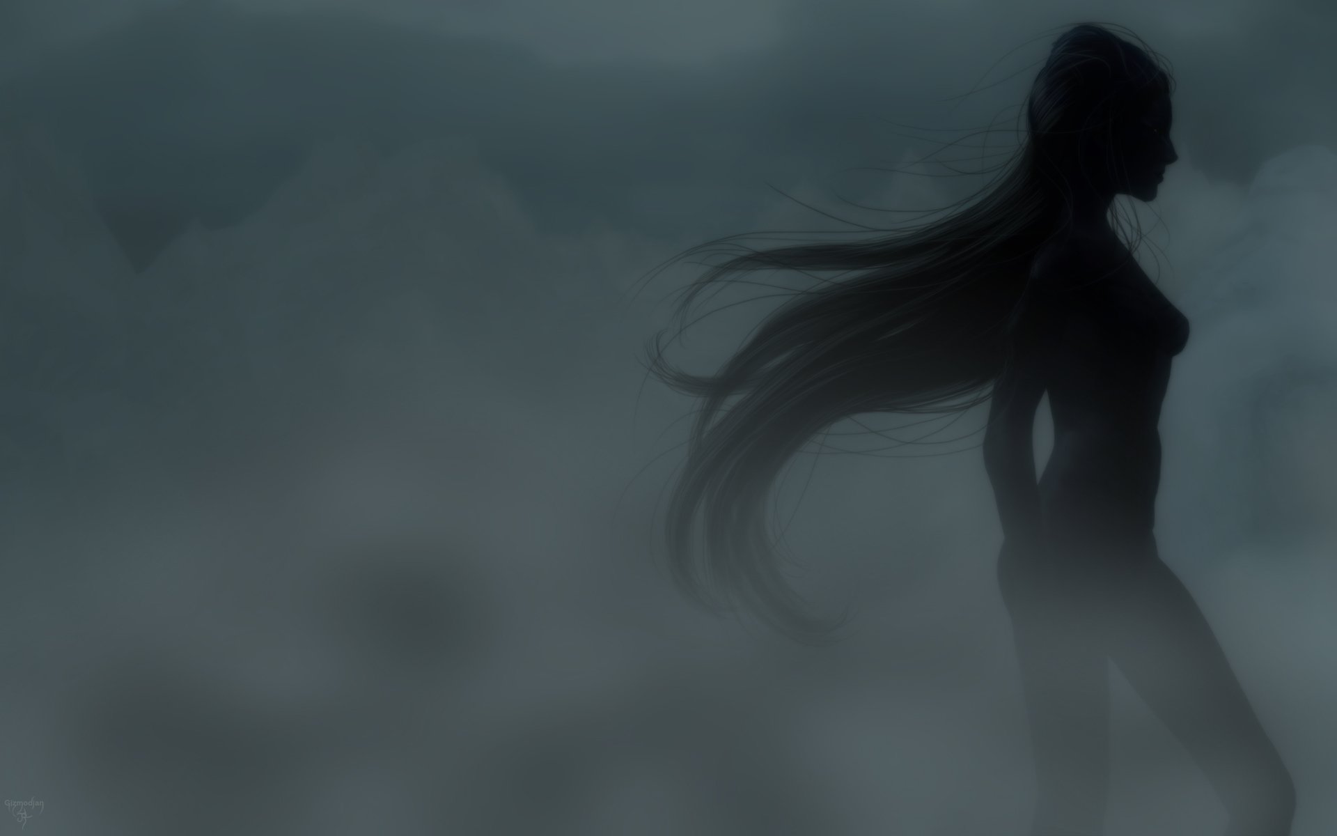 rendering ragazza silhouette capelli lunghi profilo va nebbia