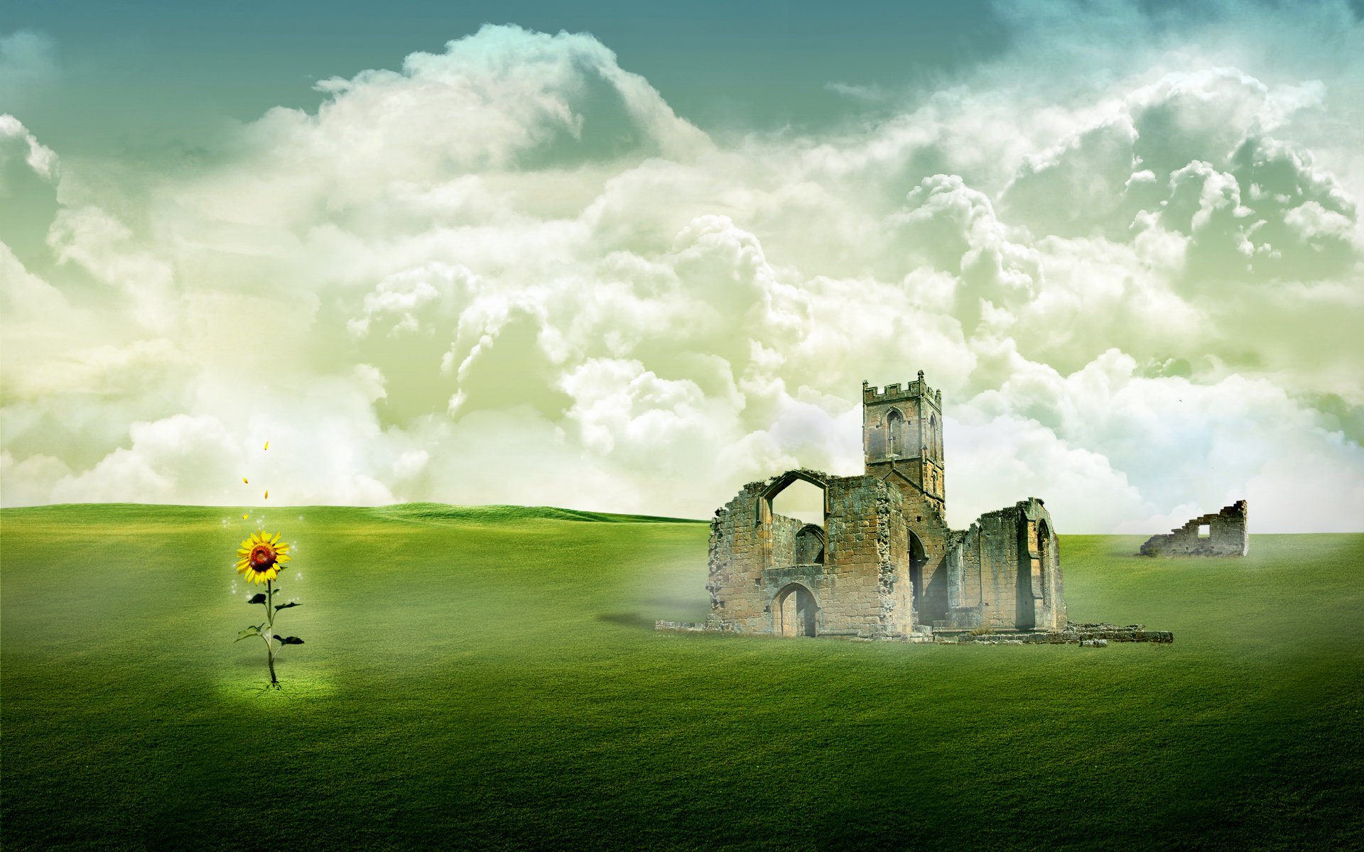 ky clouds the field grass sunflower castle landscape ruin