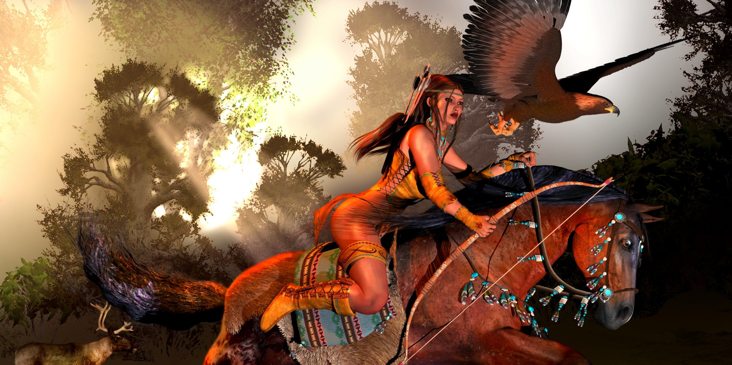 rendering girl . animals horse jumps eagle tree rays sky