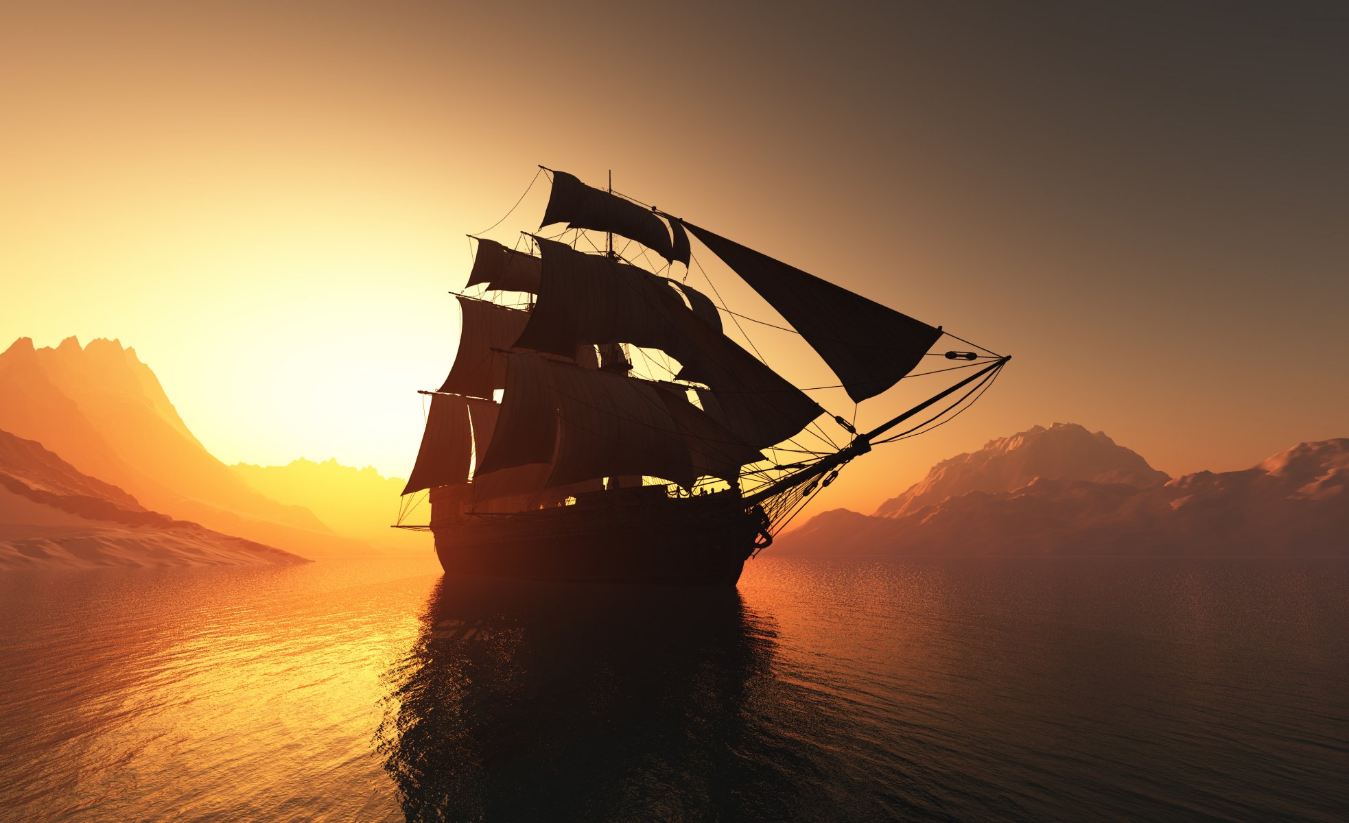 3d graphics rendering ship mast sail ocean sunset landscape