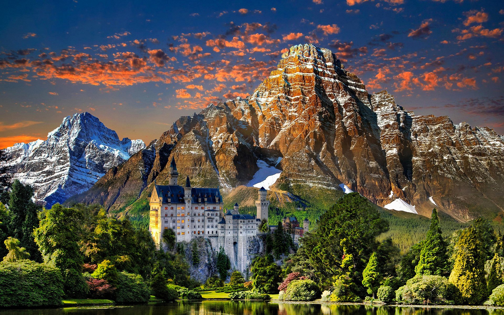 paesaggio cielo nuvole tramonto montagne alberi lago castello neuschwanstein