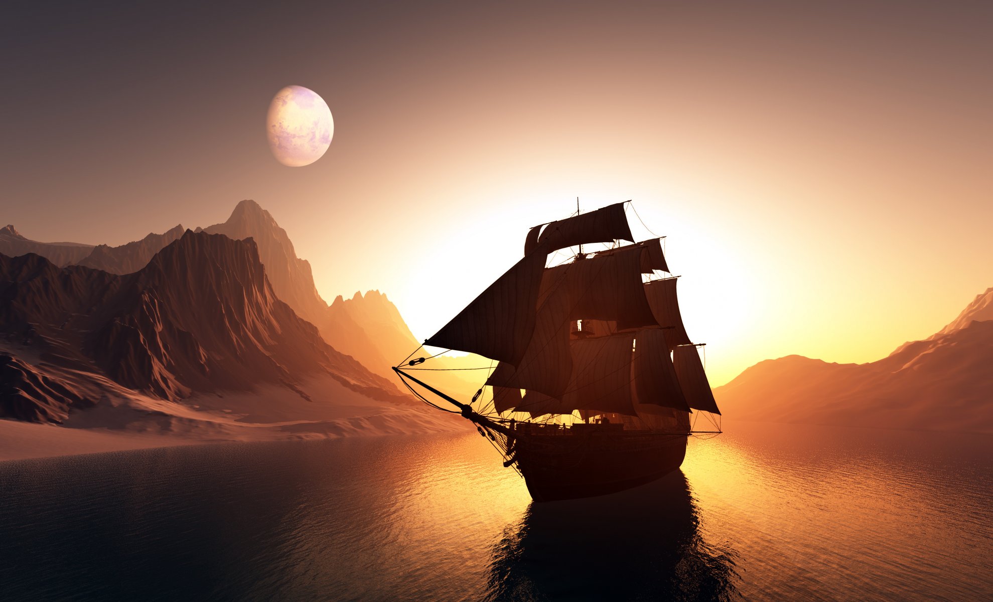 rendering graphics ship sail landscape mountain sunset sky sea ocean reflection