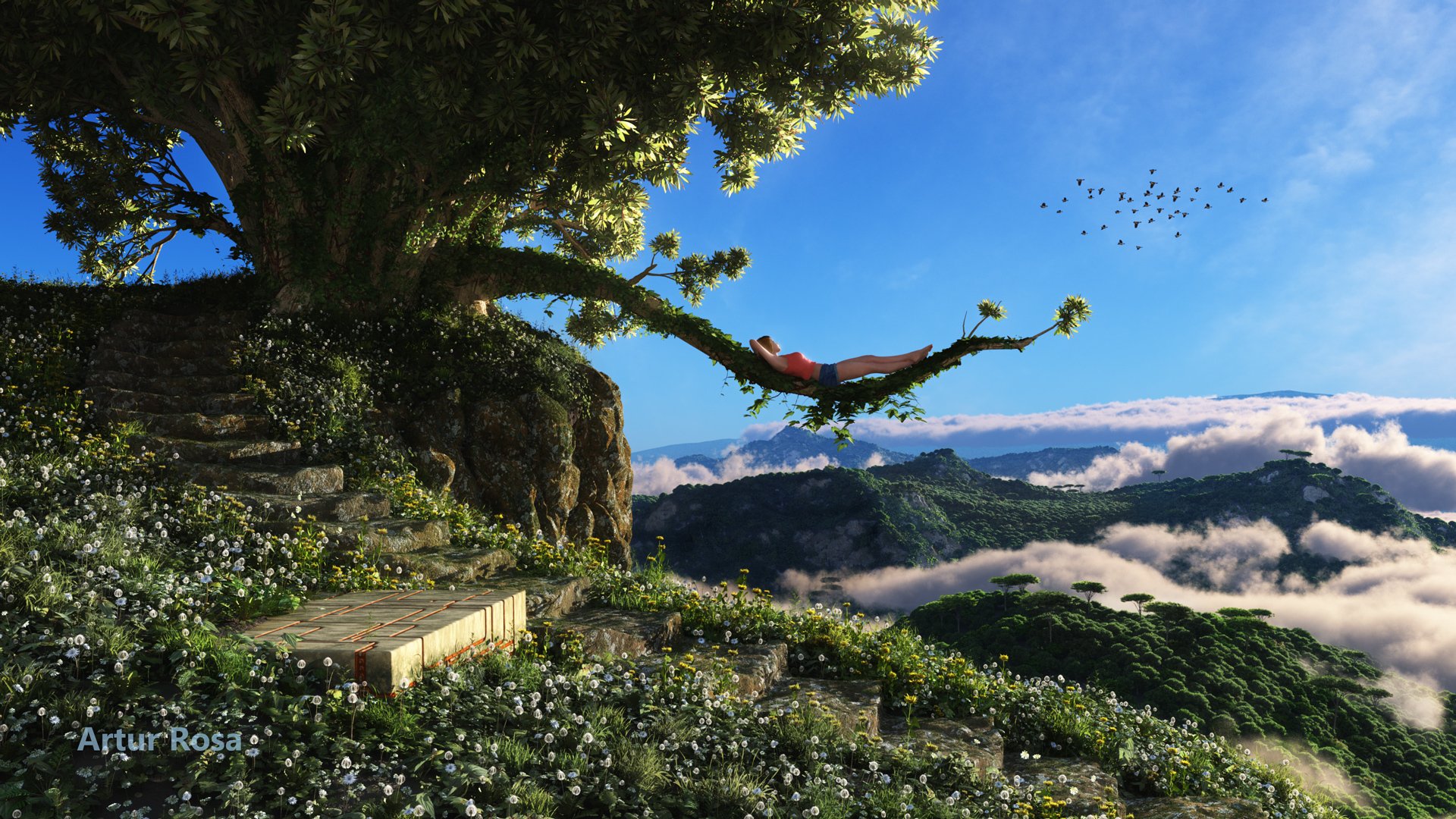 render baum mädchen zweig ansicht berge wolken vögel stufen