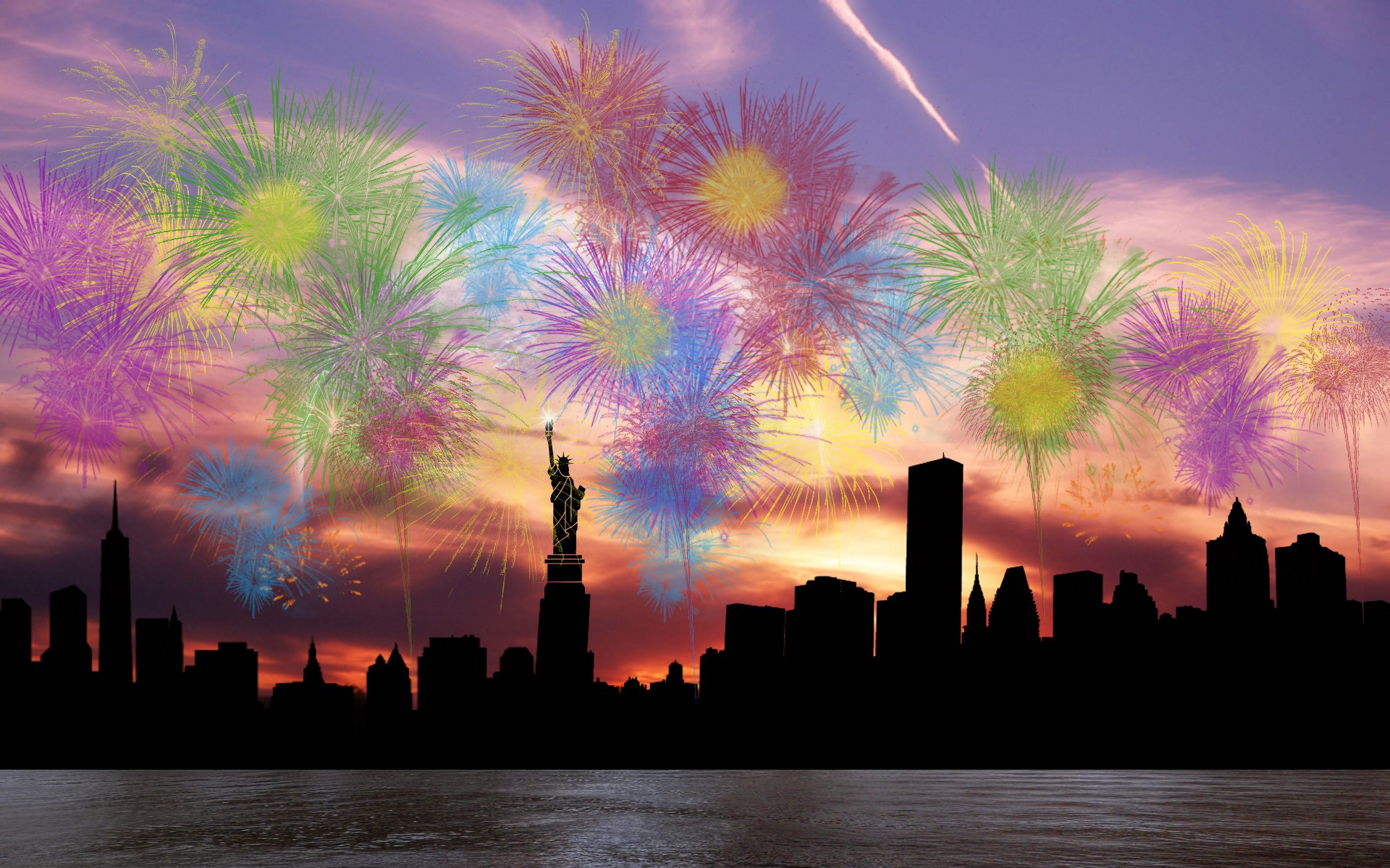 cielo nuvole saluto fuochi d artificio città new york statua della libertà silhouette