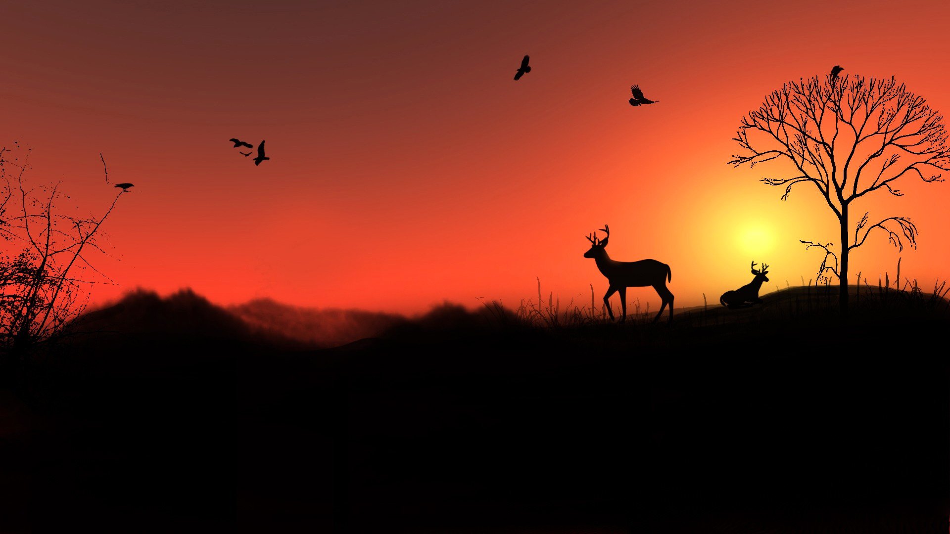 landschaft himmel vögel hirsch baum hügel sonne sonnenuntergang silhouette