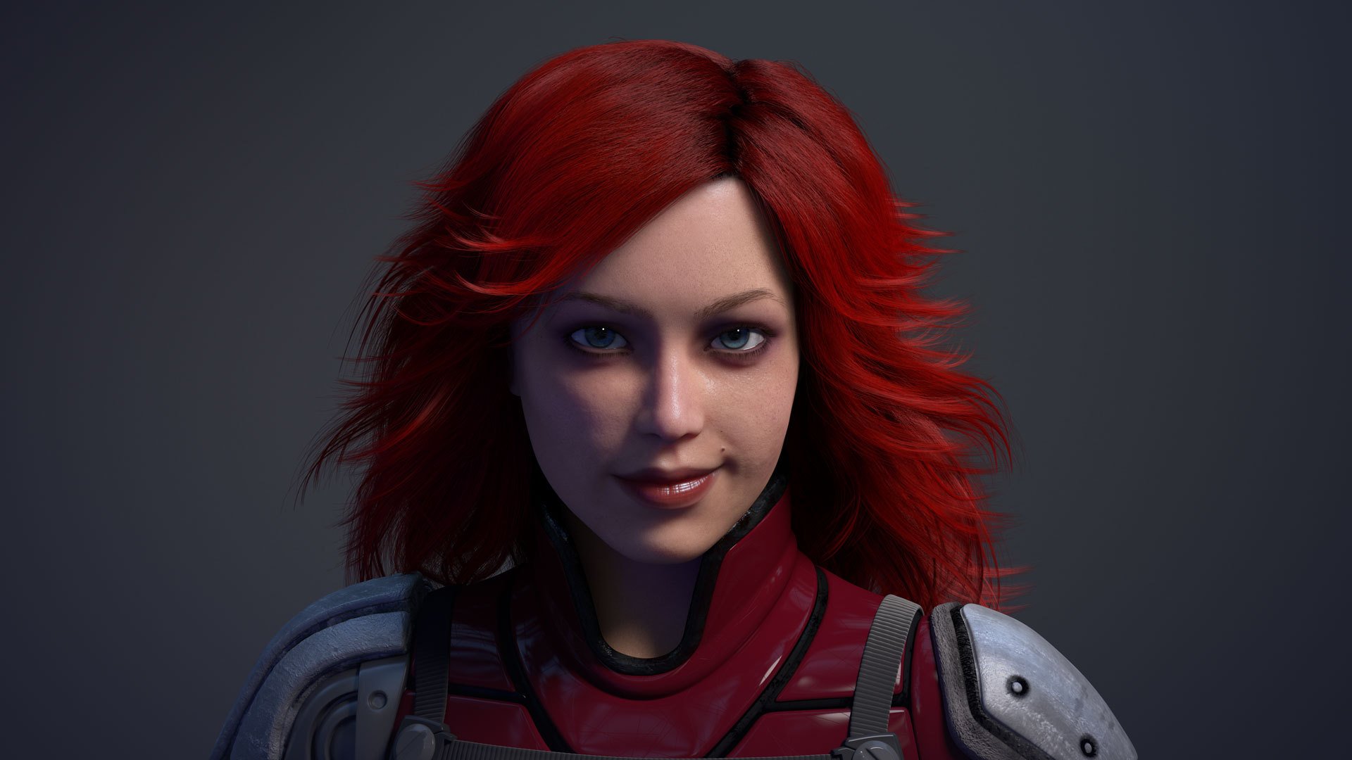 amd techno demo techno-demo cryengine tressfx girl ruby computer graphics suit view smile the mole lips red hair