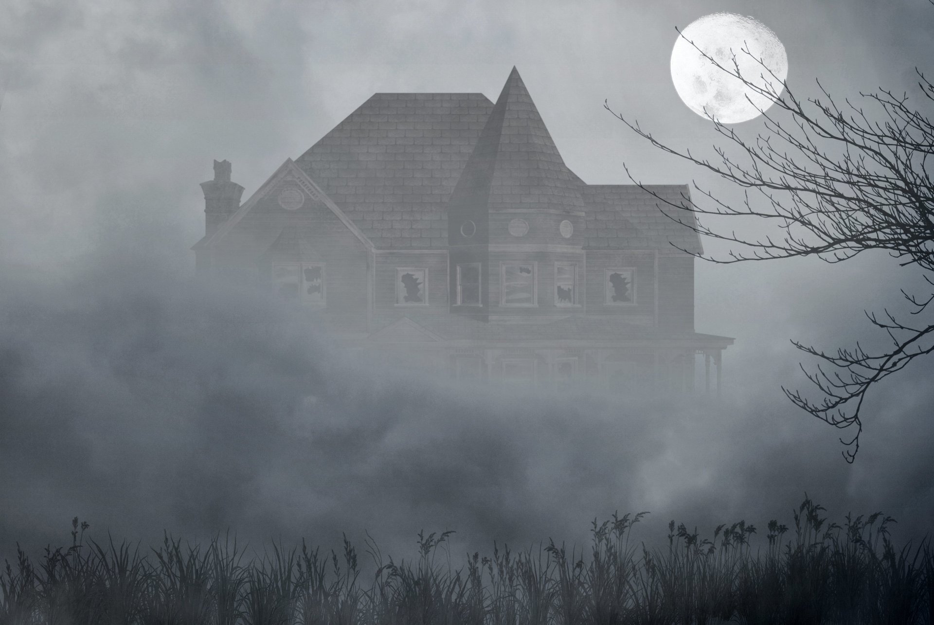 house broken window grass tree moon fog darkne