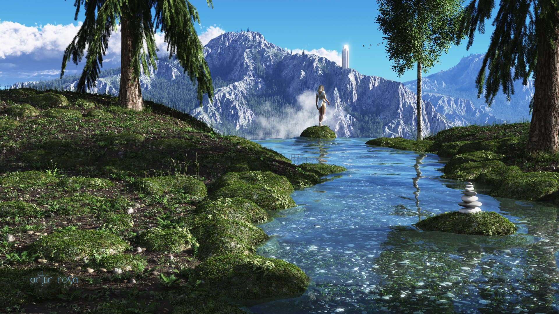 pour le rendu la jeune fille vue montagne chaîne rivière ruisseau la pierre les arbres la tour la pyramide les cailloux