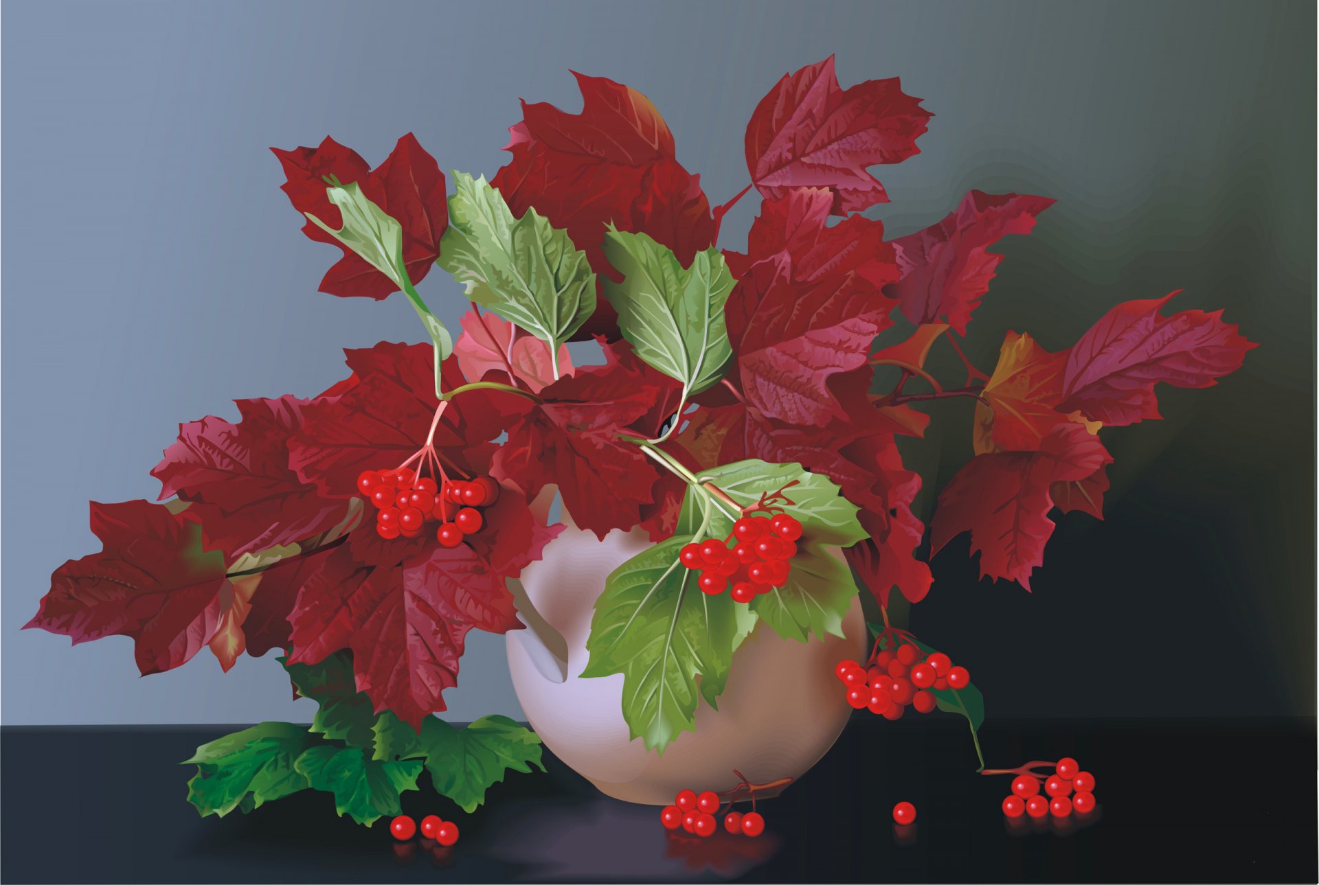 naturaleza muerta florero viburnum hojas bayas escarlata otoño