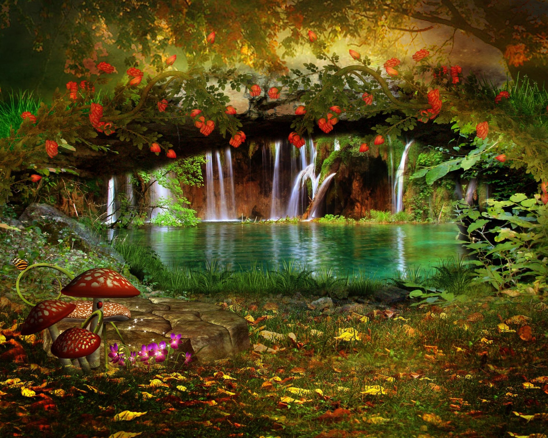 paesaggio natura cascata fiori liana funghi farfalla alberi foglie