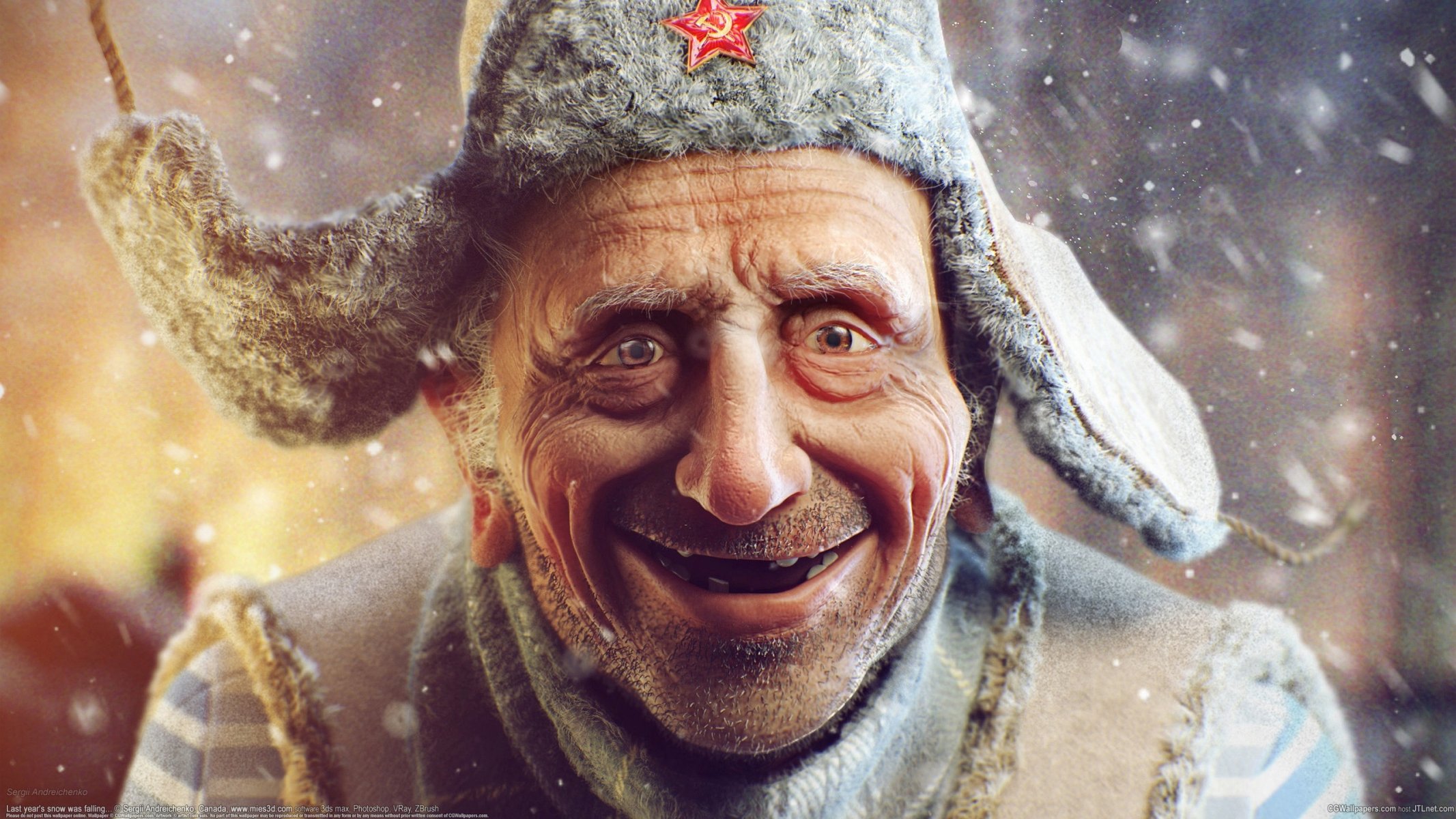 ergey andreichenko grandfather old man man ushanka star snow