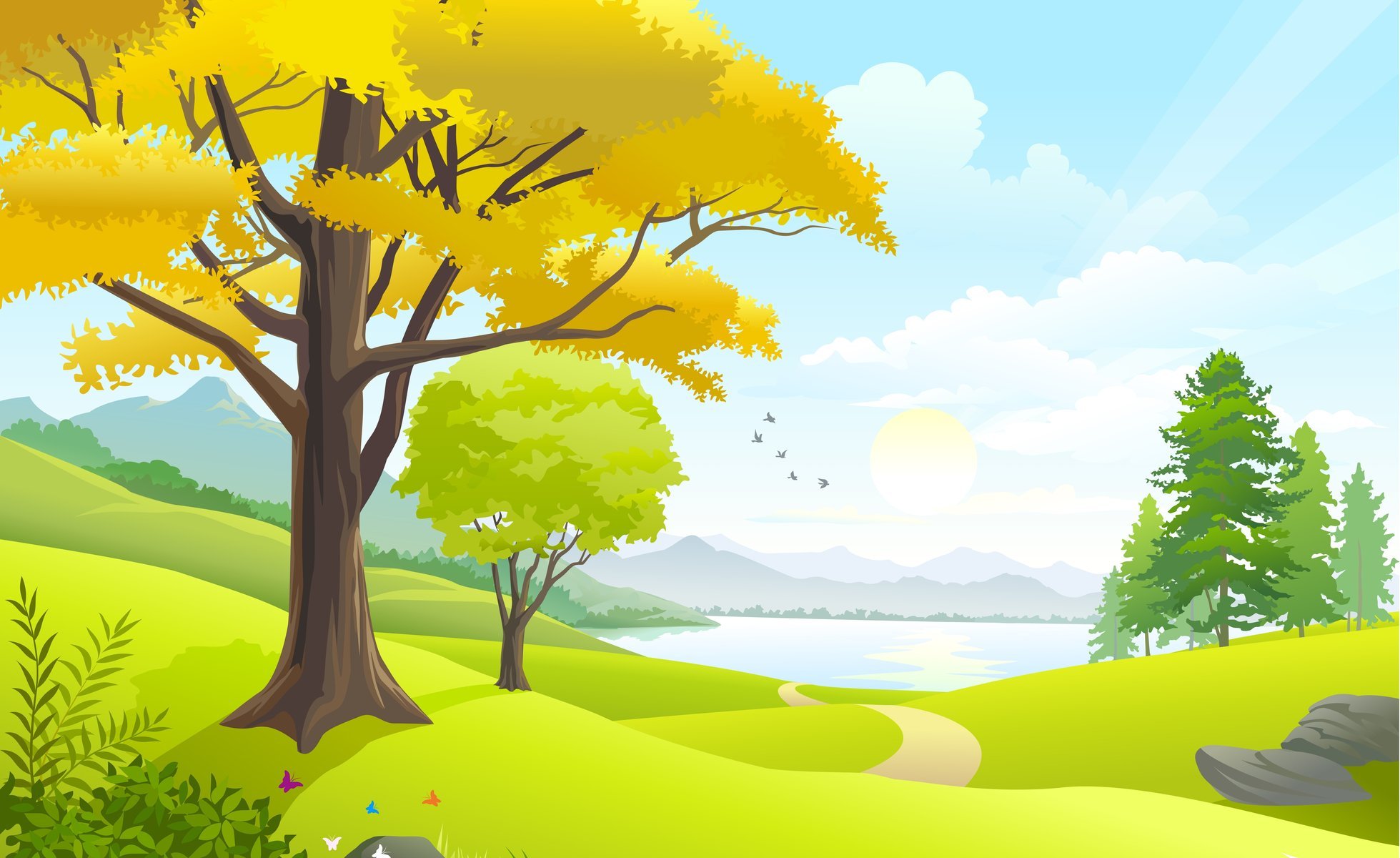 vector art nature trees grass field landscape sky clouds road birds lake sun vector graphics tree