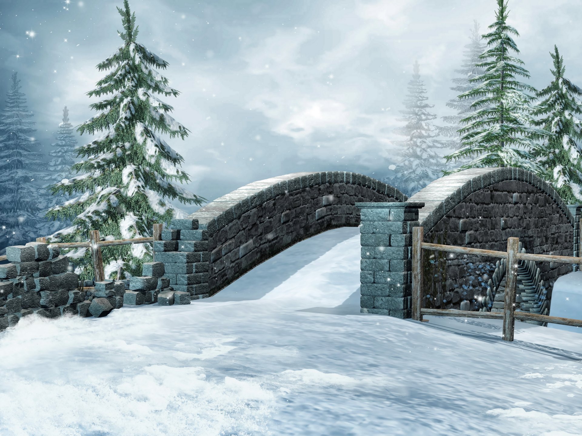 winter bridge spruce snow nature 3d graphics photo